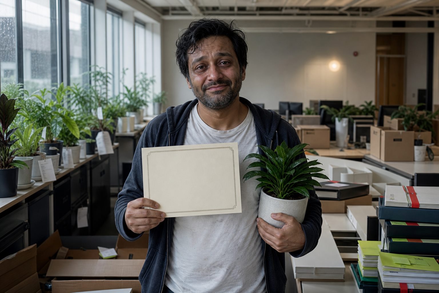 A tired startup founder holding a plant and a blank certificate in an office being packed up
