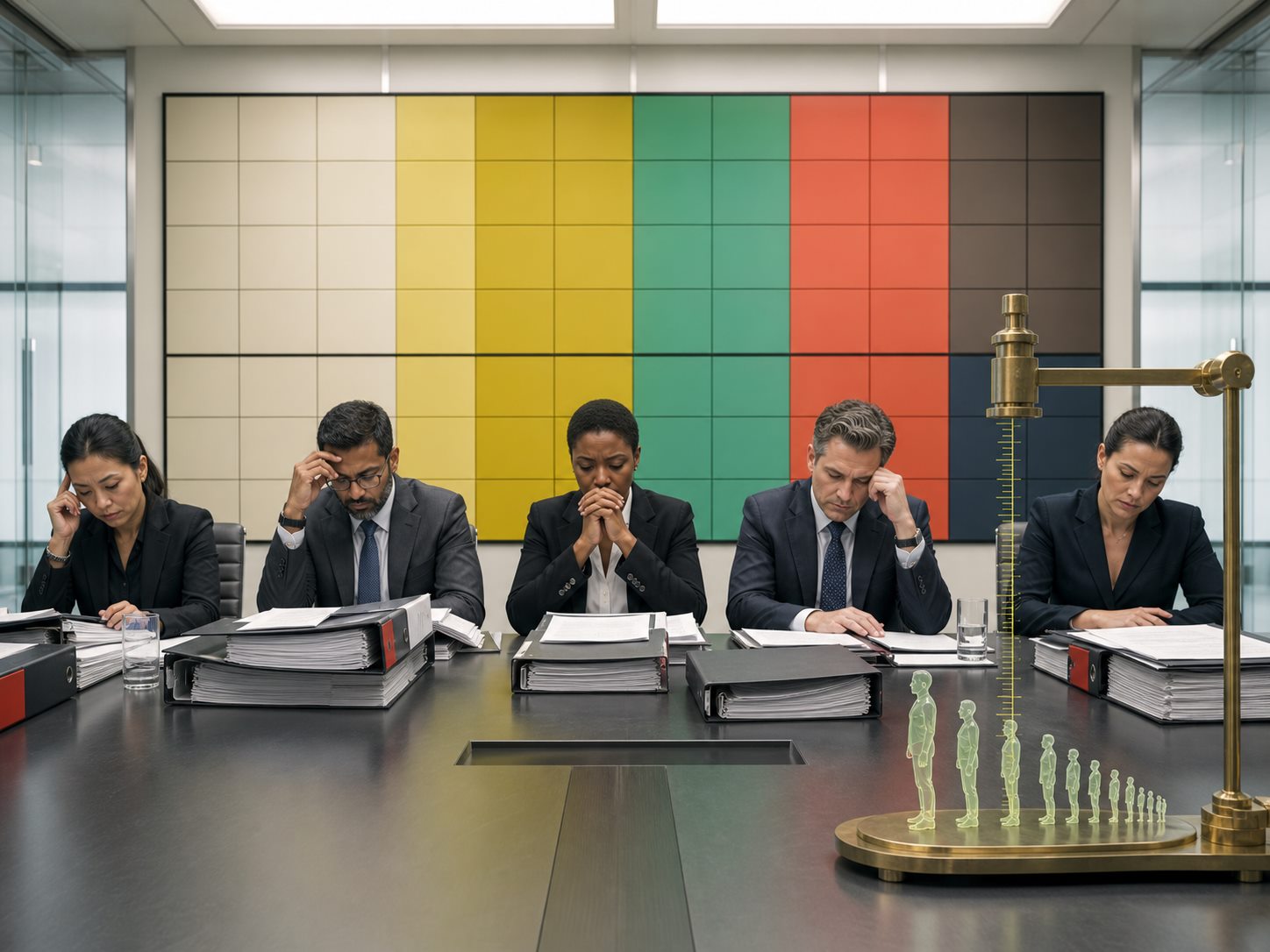 Five exhausted professionals beside a precision instrument measuring tiny translucent human silhouettes